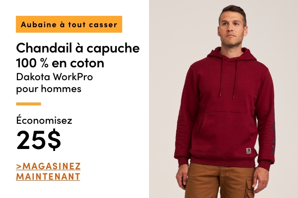Aubaine à Tout Casser Chandail à capuche 100 % en coton Dakota WorkPro pour hommes économisez 25 $