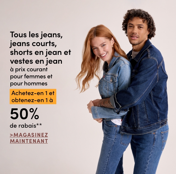 Jeans, jeans courts, shorts en jean, jupes en jean et vestes en jean pour femmes, hommes et enfants achetez-en 1 et obtenez-en 1 à 50% de rabais*