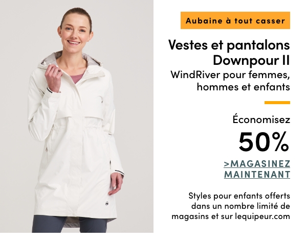 Aubaine à Tout Casser Vestes et pantalons Downpour II WindRiver pour femmes, hommes et enfants économisez 50%