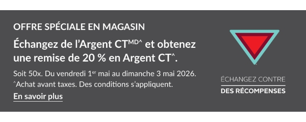 Prime MastercardMD TriangleMD de 150 $ en Argent CTMD†. Nouveaux titulaires de cartes seulement. Des conditions s'appliquent. Prend fin le 21 mai. CTA: En savoir plus