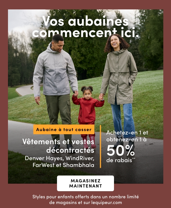 Tous les hauts décontractés, robes, pantalons, pantalons courts, shorts et vestes Denver Hayes, WindRiver, FarWest et Shambhala à prix courant pour femmes, hommes et enfants achetez-en 1 et obtenez-en 1 à 50% de rabais*