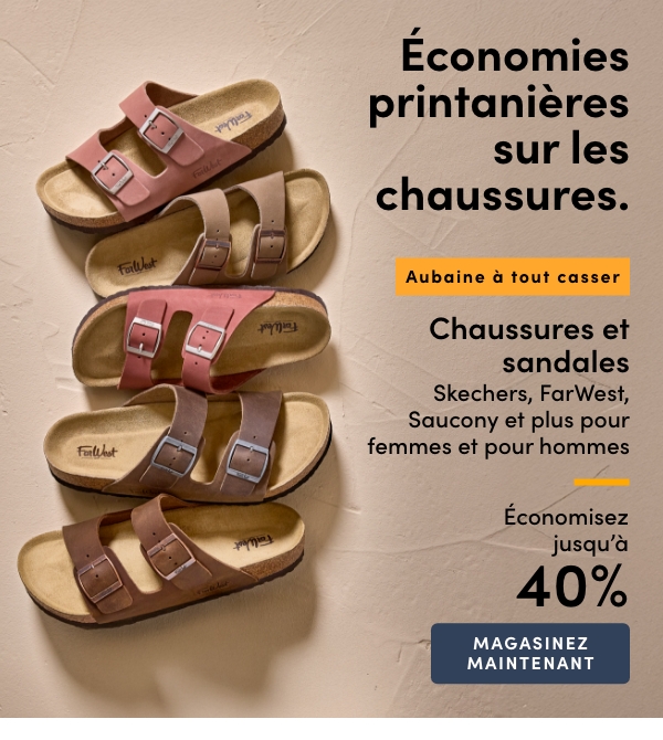 Aubaine à Tout Casser Chaussures et sandales Skechers, FarWest, Saucony et plus pour femmes et pour hommes économisez jusqu'à 40%