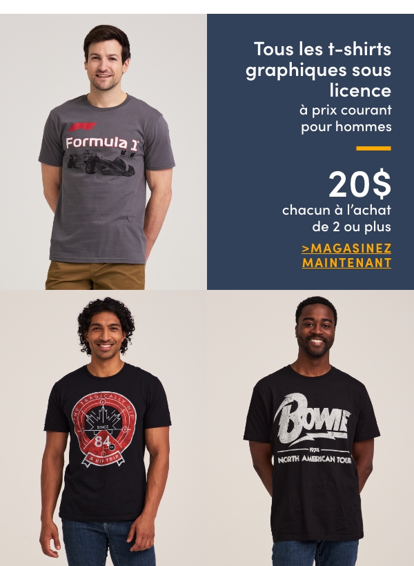 Tous les t-shirts graphiques sous licence à prix courant pour hommes 20 $ chacun à l'achat de 2 ou plus