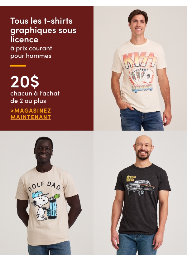 Tous les t-shirts graphiques sous licence à prix courant pour hommes 20 $ chacun à l'achat de 2 ou plus