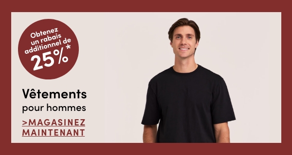 Vêtements pour hommes, obtenez 25 % de rabais