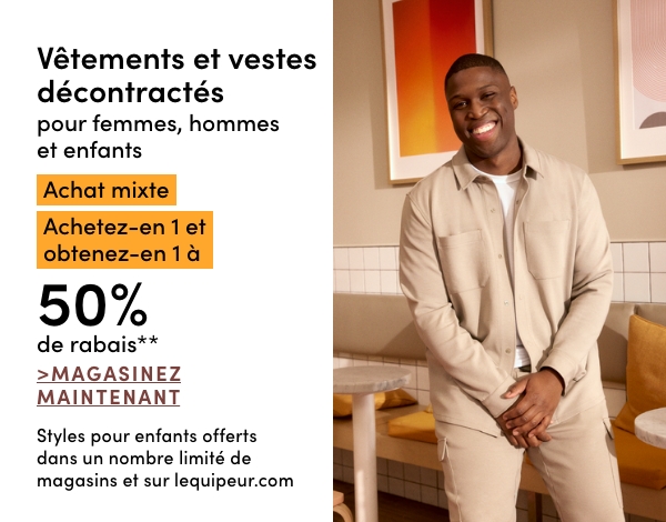 Vêtements et vestes décontractés pour femmes, hommes et enfants achetez-en 1 et obtenez-en 1 à 50% de rabais*