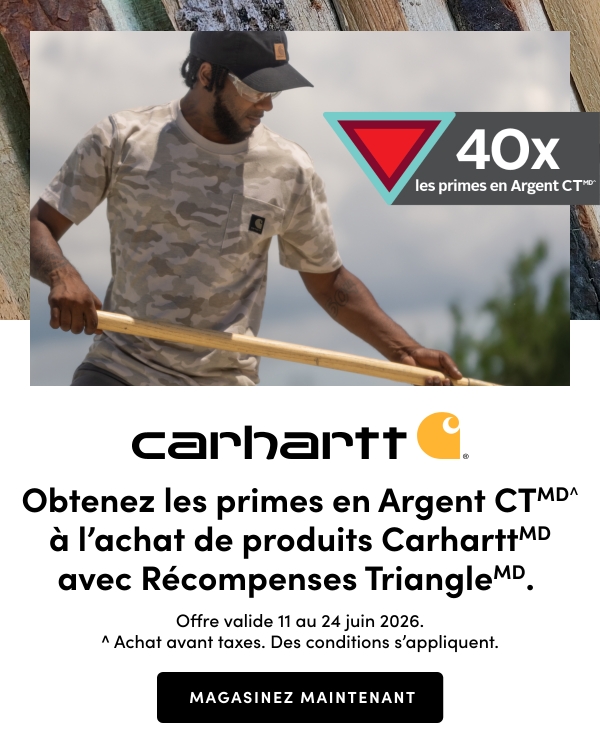 Obtenez les primes en Argent CTMD^ à l’achat de produits CarharttMD avec Récompenses TriangleMD. Offre valide du 11 au 24 juin 2026. ^ Achat avant taxes. Des conditions s’appliquent. MAGASINEZ MAINTENANT