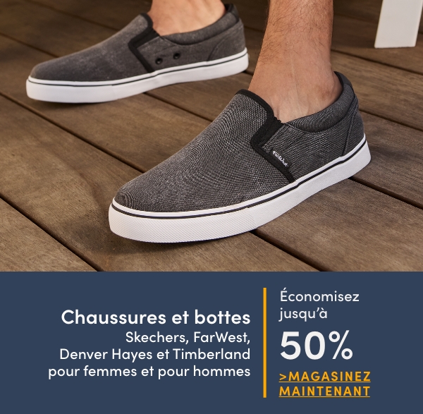 Chaussures et bottes Skechers, FarWest, Denver Hayes et Timberland pour femmes et pour hommes économisez jusqu'à 50%