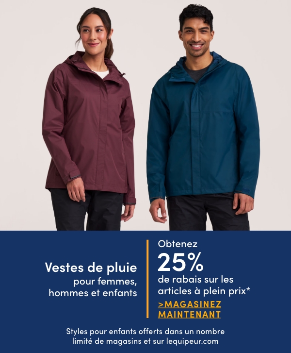 Obtenez 25 % de rabais sur les vestes de pluie à plein prix* pour femmes, hommes et enfants