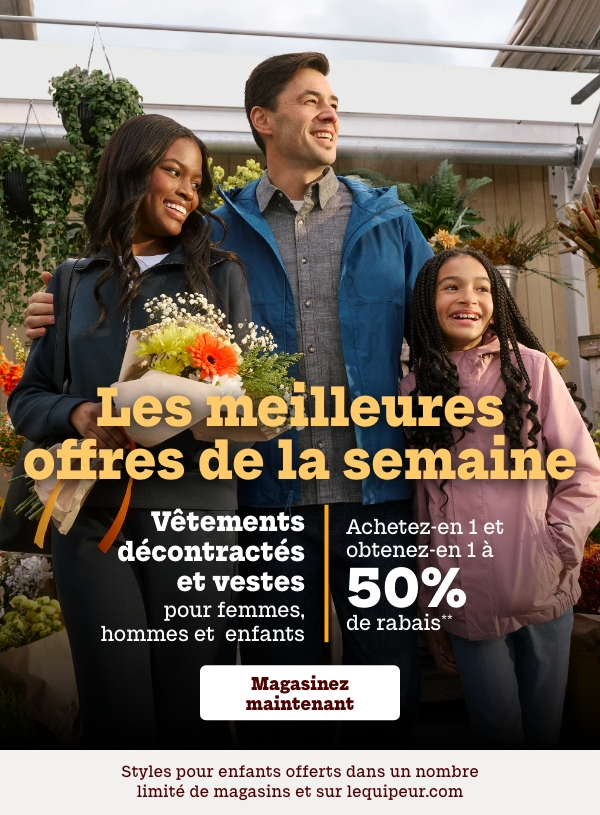 Vêtements décontractés et vestes pour femmes, hommes et enfants achetez-en 1 et obtenez-en 1 à 50% de rabais*