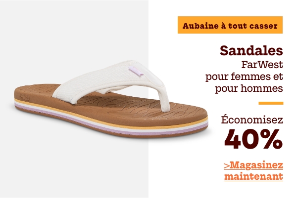 Aubaine à Tout Casser Sandales FarWest pour femmes et pour hommes économisez 40%