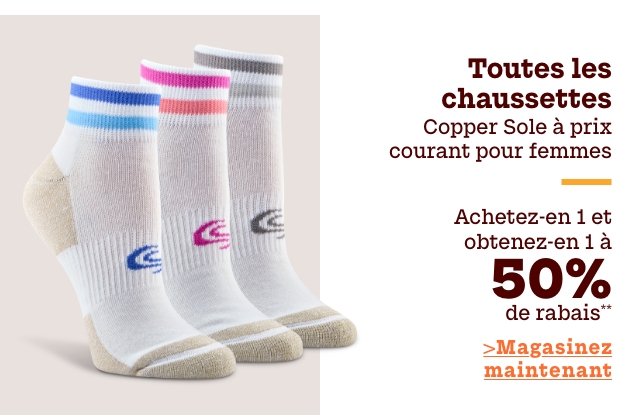 Toutes les chaussettes Copper Sole à prix courant pour femmes achetez-en 1 et obtenez-en 1 à 50% de rabais*