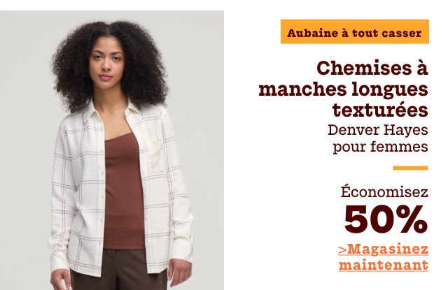 Aubaine à Tout Casser Chemises à manches longues texturées Denver Hayes pour femmes économisez 50%