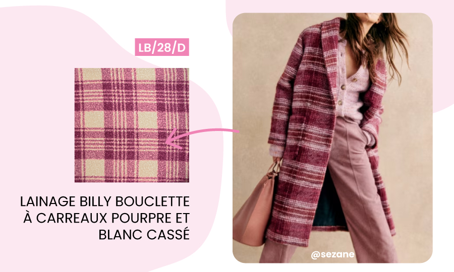 Lainage Billy bouclette à carreaux pourpre et blanc cassé