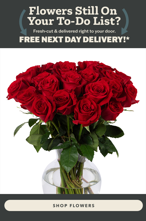 Free next day delivery on flowers for Valentine's Day!