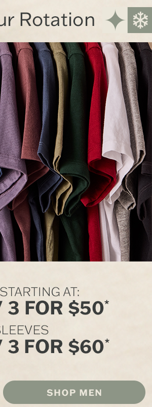 Men's solid tees starting at 2 for $35, 3 for $50.