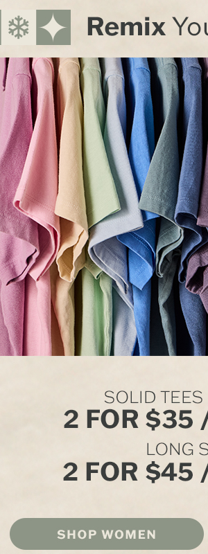 Women's solid tees starting at 2 for $35, 3 for $50.