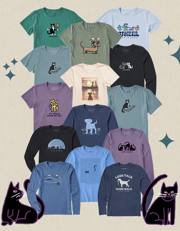 Celebrate your sidekicks in tees that match their energy - from cat naps to long walks.