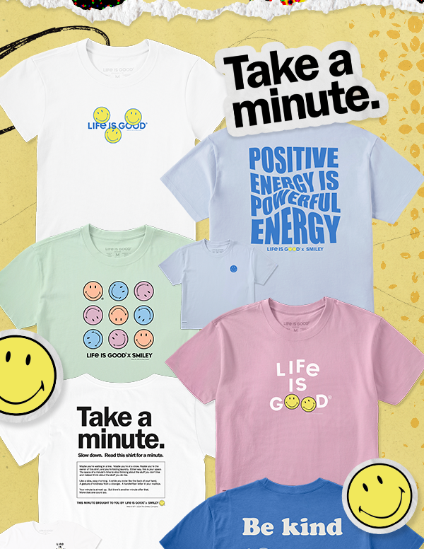 Shop women's Life is Good x Smiley® tees.