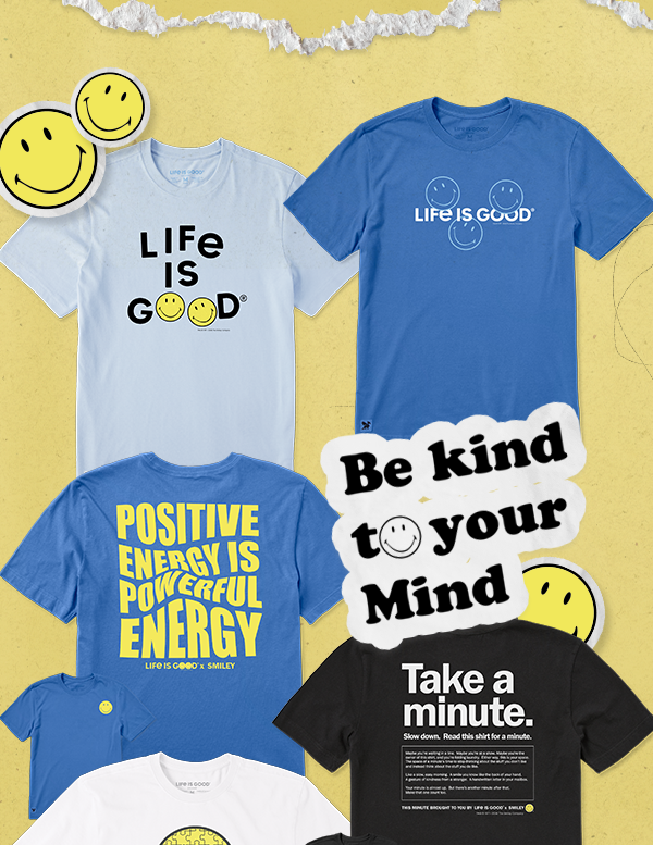 Shop men's Life is Good x Smiley® tees.