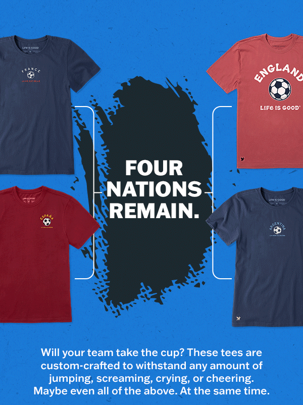 Four nations remain. Shop soccer tees.