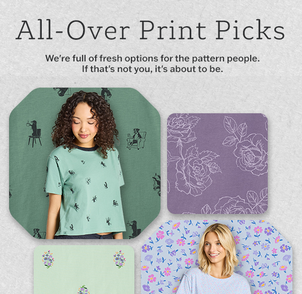 All-over print tees.