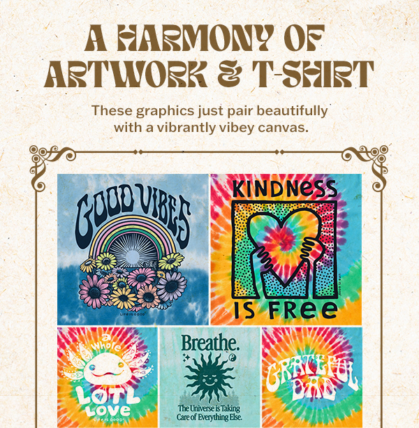A harmony of artwork and t-shirt. Tie-dye tees.