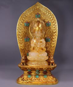 Old Chinese Gilt Gold Copper Inlay Gem Base & Gilt Gold Crystal Buddha Statue