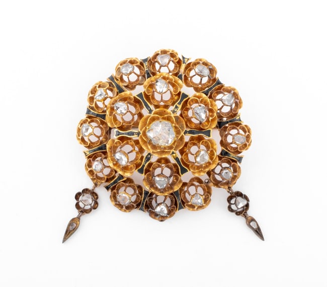 Victorian Silver Gilt Diamond Enamel Brooch