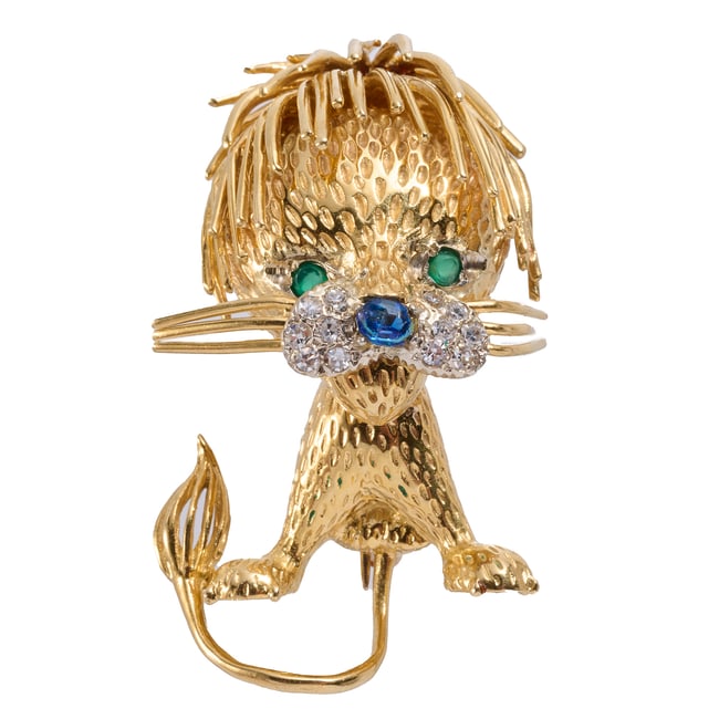 18K gold diamond & gemstone lion brooch, VCA style