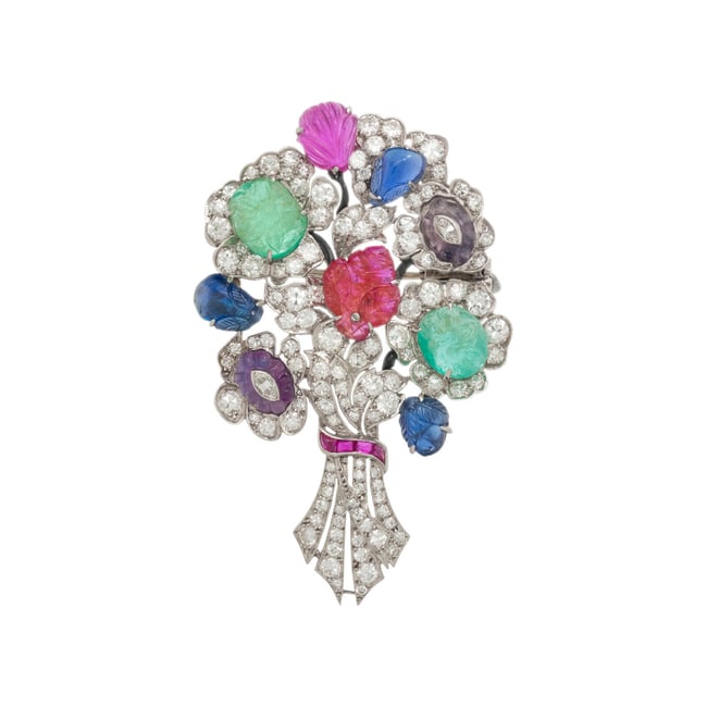 DIAMOND AND CARVED MULTIGEM BOUQUET BROOCH