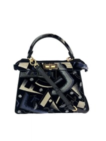 Fendi Peekaboo I see u Medium Printed Velvet Black Blue Satchel Shoulder Bag