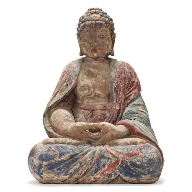 A Large Chinese Polychrome Wood Sculpture of a Seated Buddha