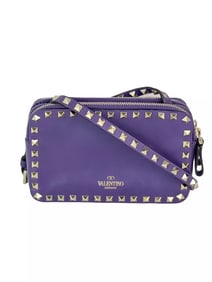 Valentino Rockstud Double Zip Purple Leather Crossbody Bag