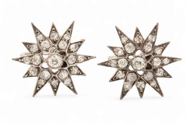 Diamond And White Gold Earrings, 12-Point Star Form, Ca. 1930, 5g 1 Pair