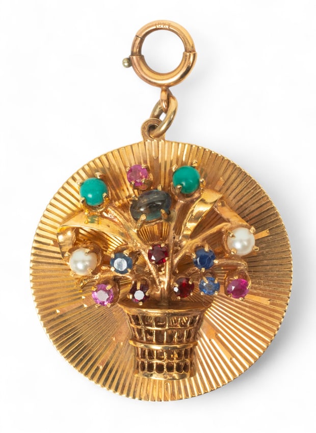 14k Yellow Gold Disc Charm, Flowers in Multiple Precious Stones, Dia. 1.5