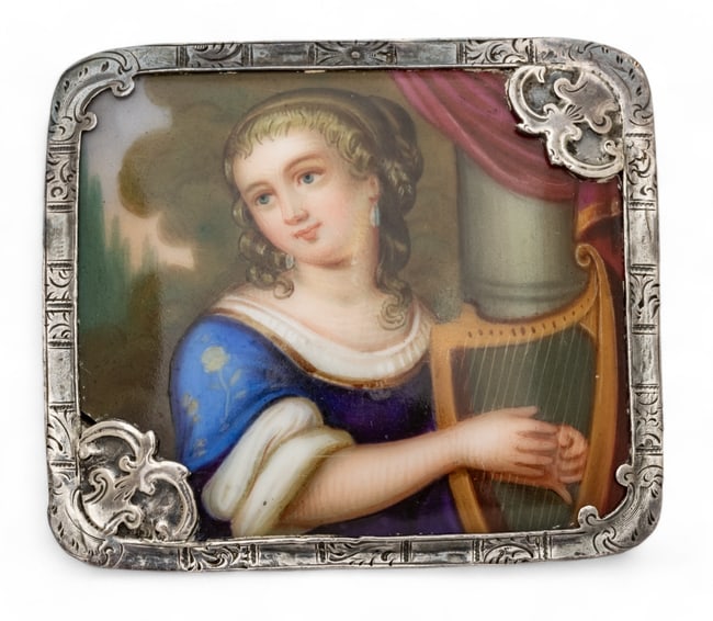 Silver And Handmade Porcelain Brooch, Girl with Harp, Ca. 1900, H 1.5