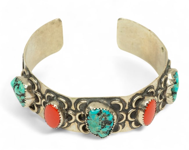 Mexican Turquoise, Coral & Silver Cuff Bracelet, H 2.25