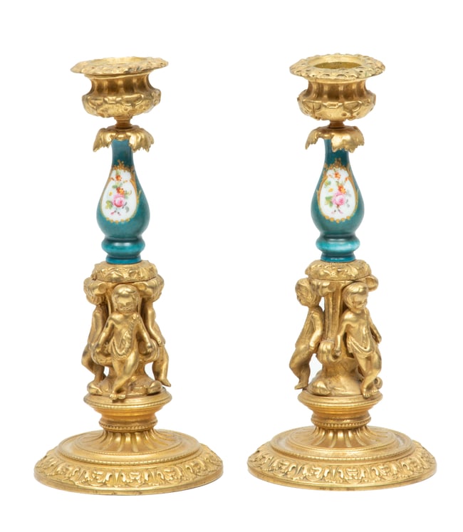 Continental French Bronze & Sevres Porcelain Stem Candlesticks, Ca. 19th C., H 7.75'' W 3.5'' 1 Pair