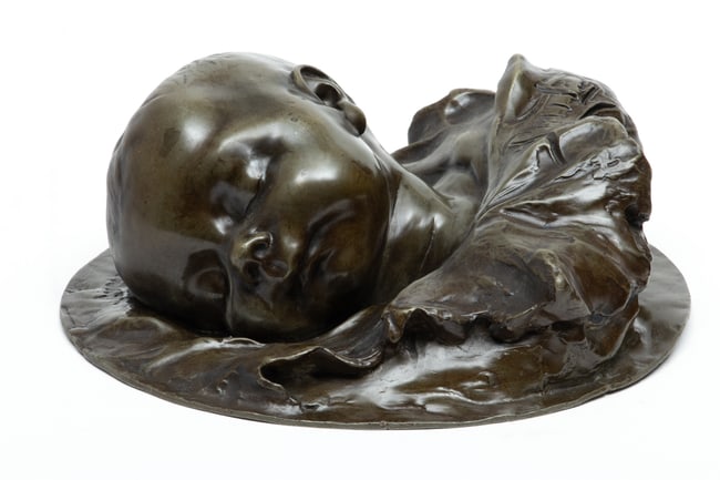 Signed Paul, Bronze Sculpture, Bust of Sleeping Baby,  1896, Dia. 10.5