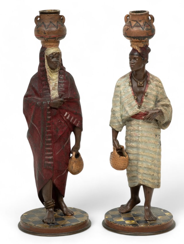 Nubian Standing Figural Spelter Candlesticks Ca. 1920, H 14