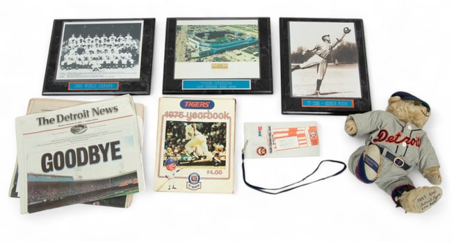 Detroit Tigers Memorabilia Grouping, Stuffed Bear, Yearbooks, Images, Ect.