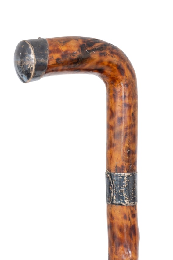 Silver Capped Burl Wood Cane, L 32