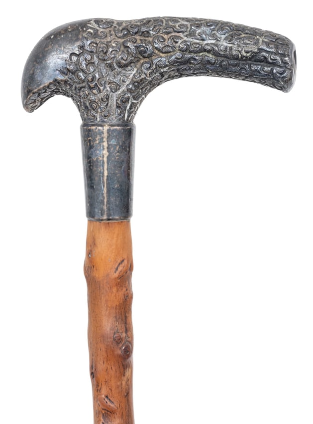 Silver Handled Burl Wood Cane, L 33.75