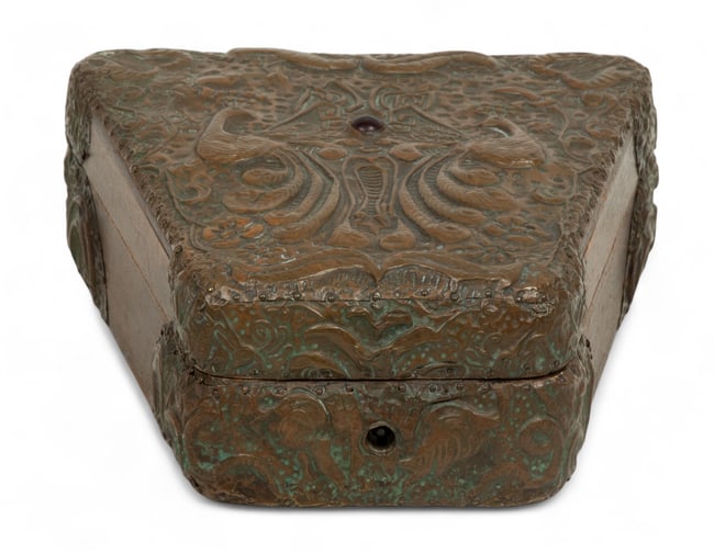 Art Nouveau Hammered Copper-Clad Jewelry Box Ca. Early 20th C., H 2.25