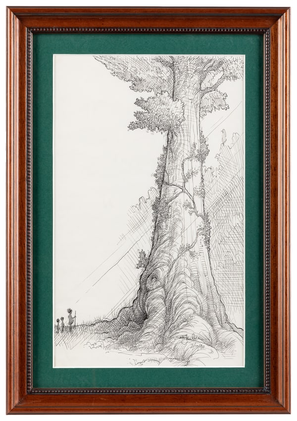 FAULKNER. Matt. Drawing of a Huge Tree with Three Figures a...