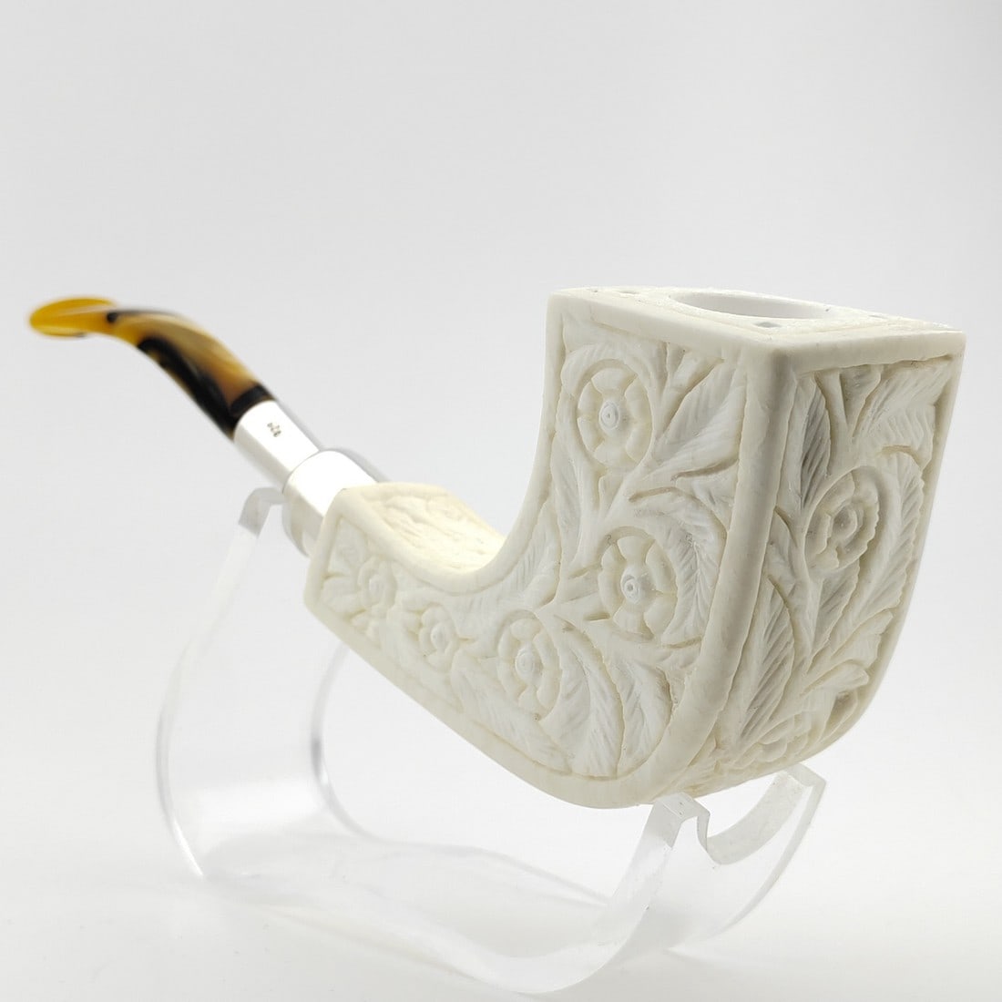 Horn Floral Silver Spigot Meerschaum Pipe,925 Silver