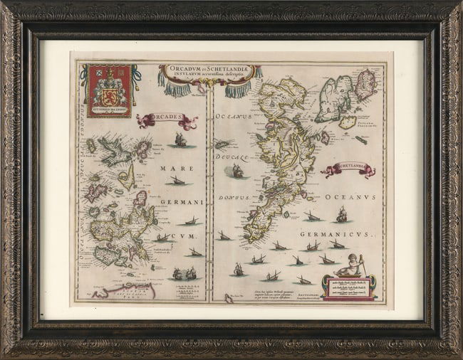 HENRICUS HONDIUS HAND-COLORED ENGRAVED MAP OF THE ORKNEY AND SHETLAND ISLANDS Holland, 17th Century