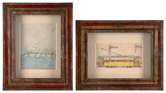 AMERICAN SCHOOL (20th Century,), Naive-style drawings of a train on a bridge and a cable car.,