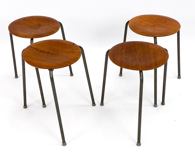 (4) DANISH TEAK DOT STOOLS IN ARNE JACOBSEN STYLE